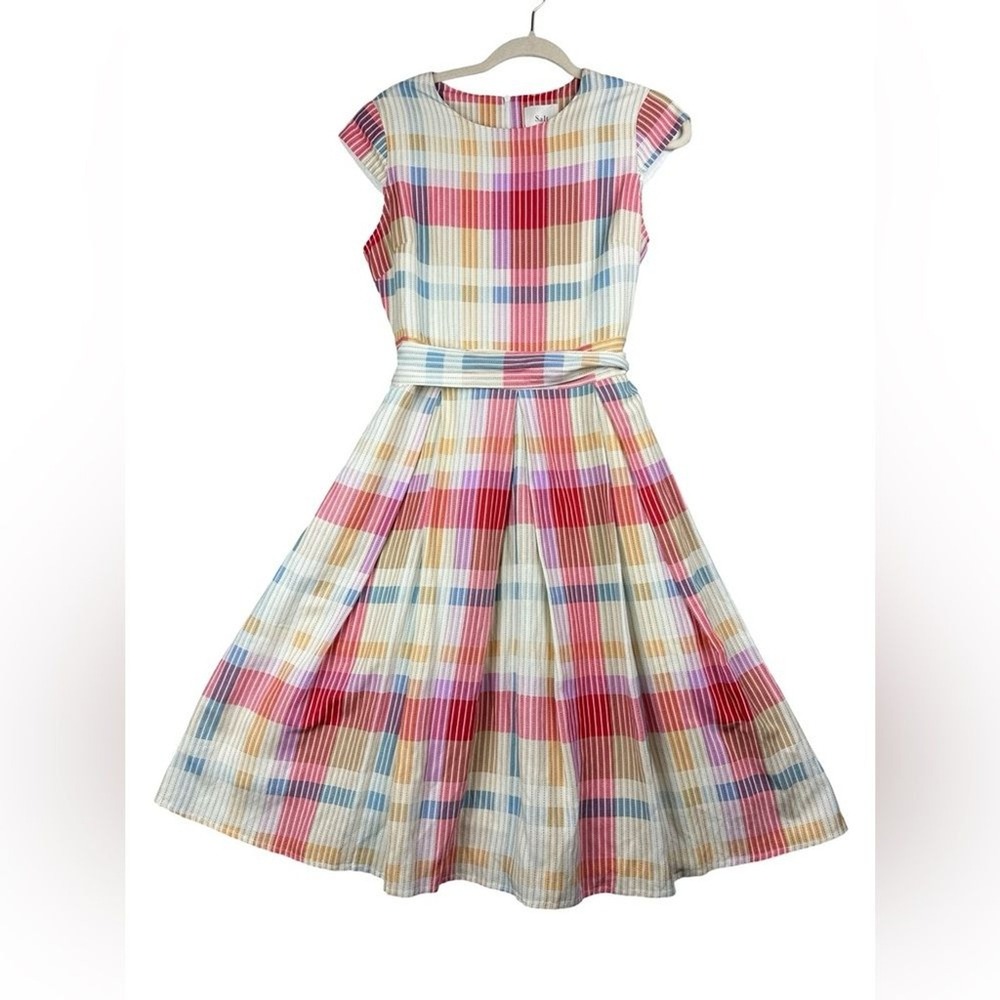 Salt Multicolor Pleated Plaid Short Sleeve Fit Flare Midi Dress Linen Blend S